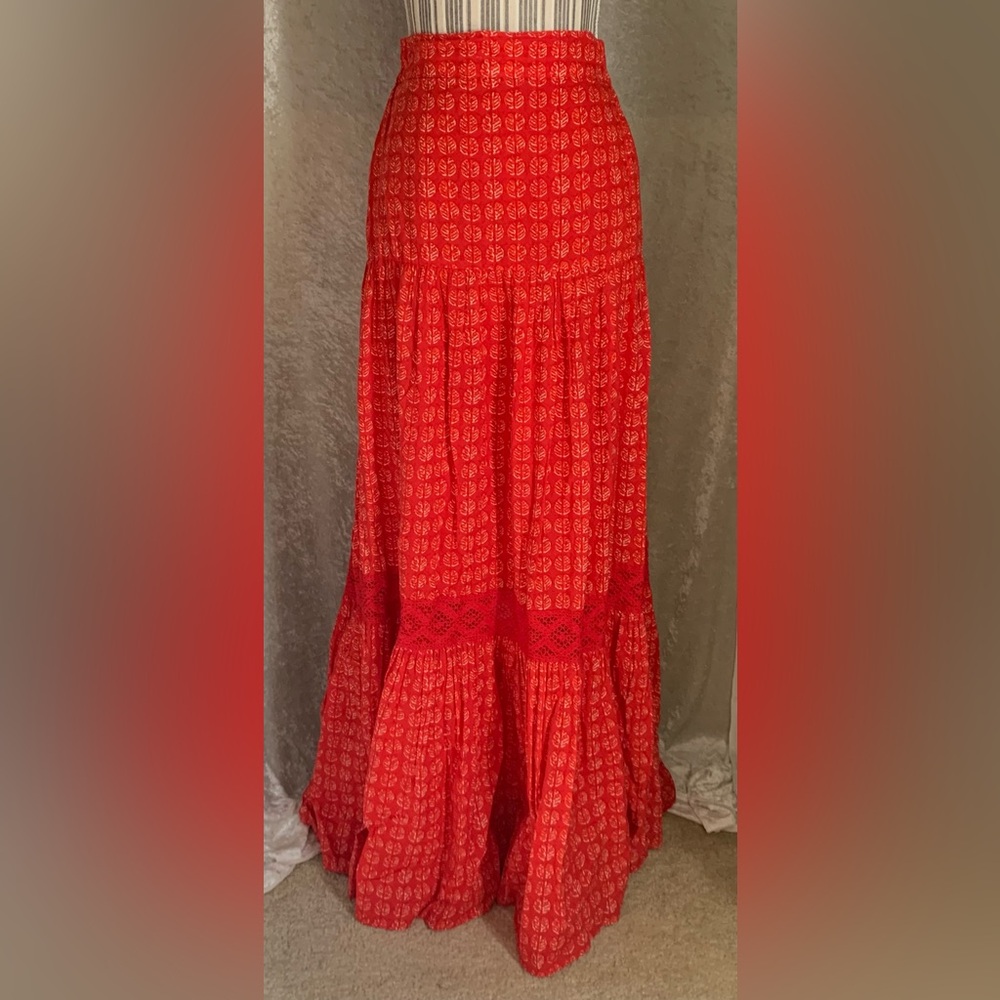 Solitaire Cotton 100% Red Peasant Style Maxi Skirt size S Boho Festival